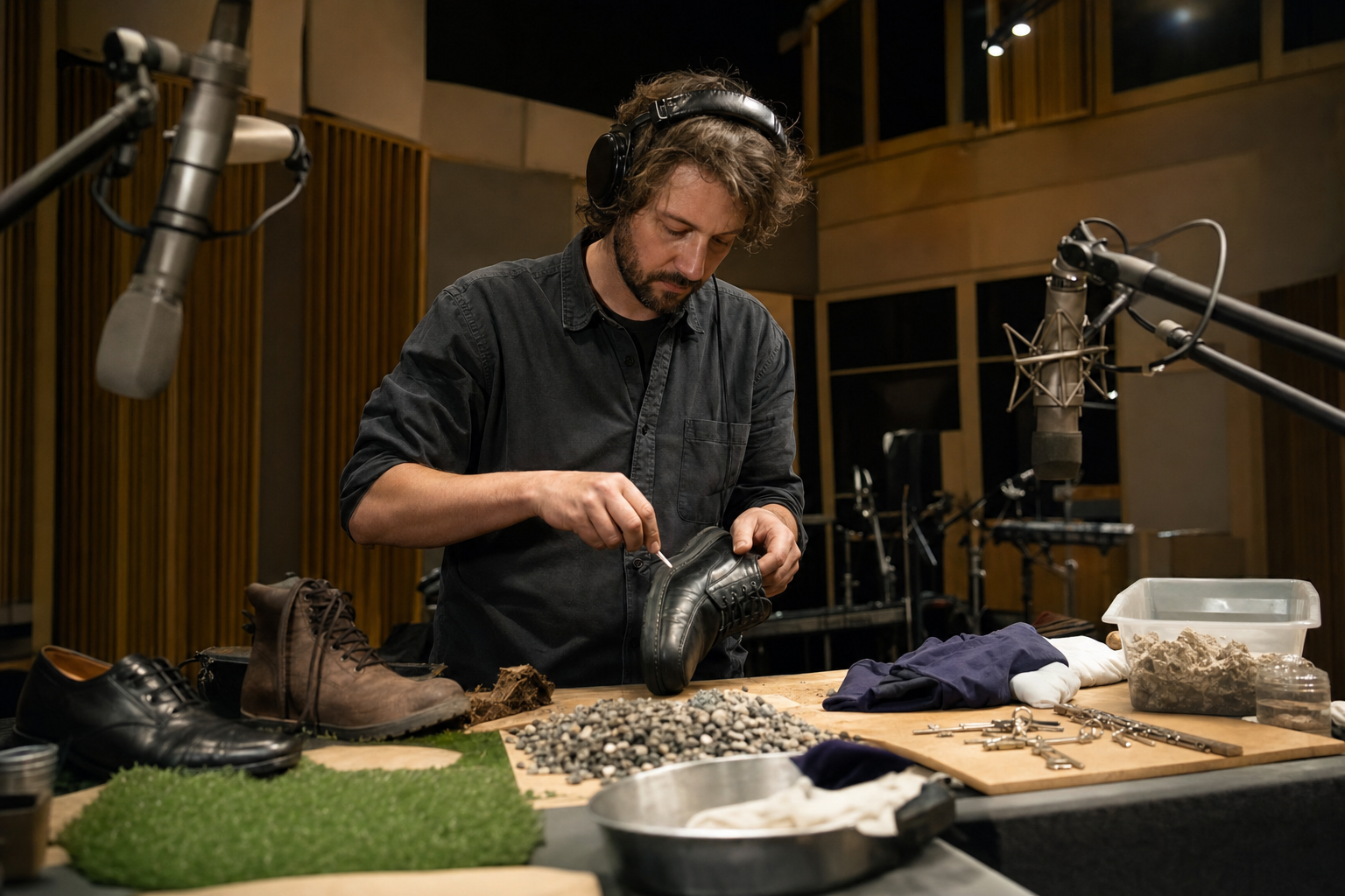 Foley artist crea effetti sonori con oggetti di scena