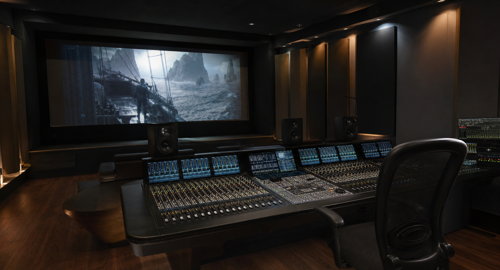 Console di missaggio in sala sound-for-picture con film in proiezione